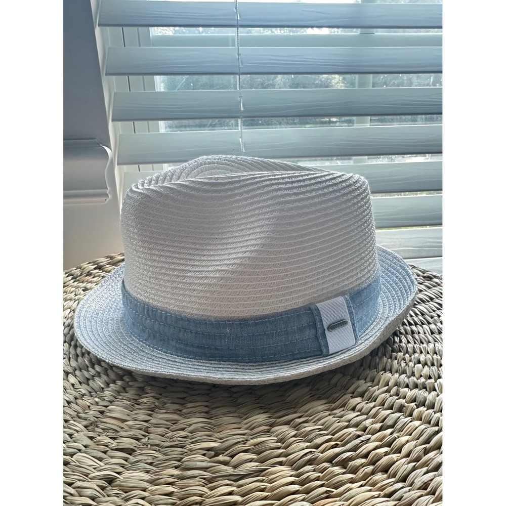 Kooringal White Paper Straw Fedora Hat Blue Band Summer Sun Beach Hat 57cm